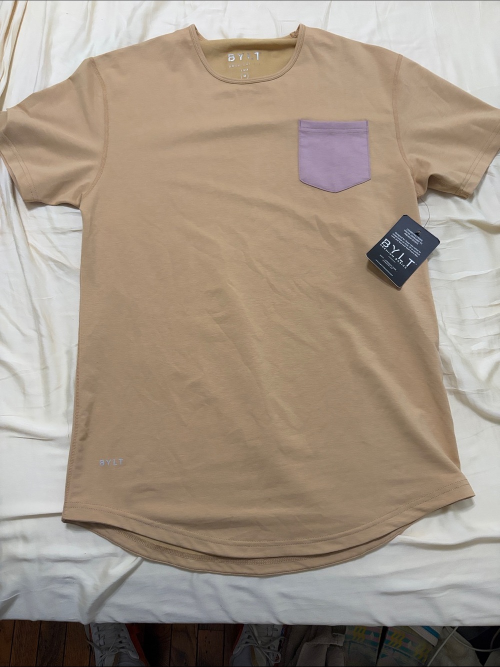 BYLT Basics Beige Short-Sleeve Tee with Lilac Pocket - Drop Cut/Curved Hem